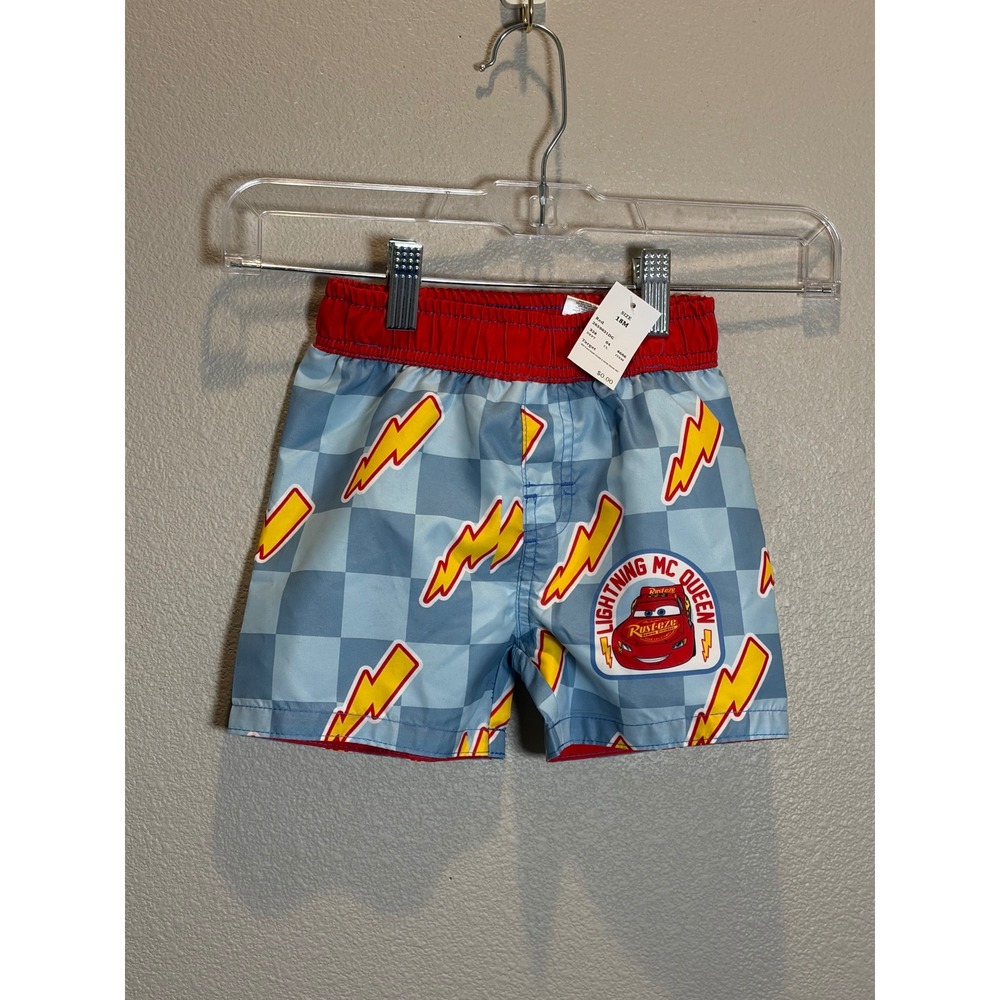Disney Pixar Cars Lightning McQueen Swim Trunks Blue Checkered Boys 18M NWT